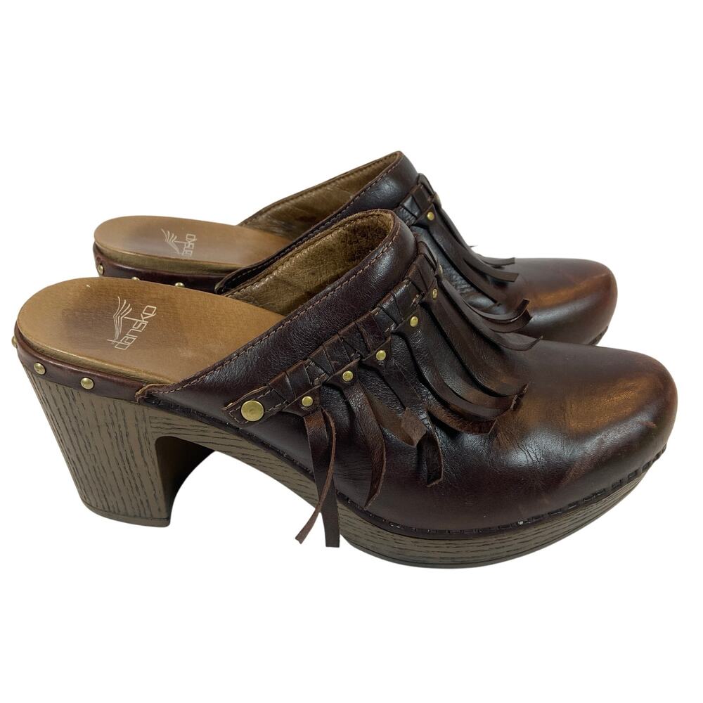 Dansko Deni Fringe Brown Leather Mule Clogs Size 41 / US 10.5 Women's